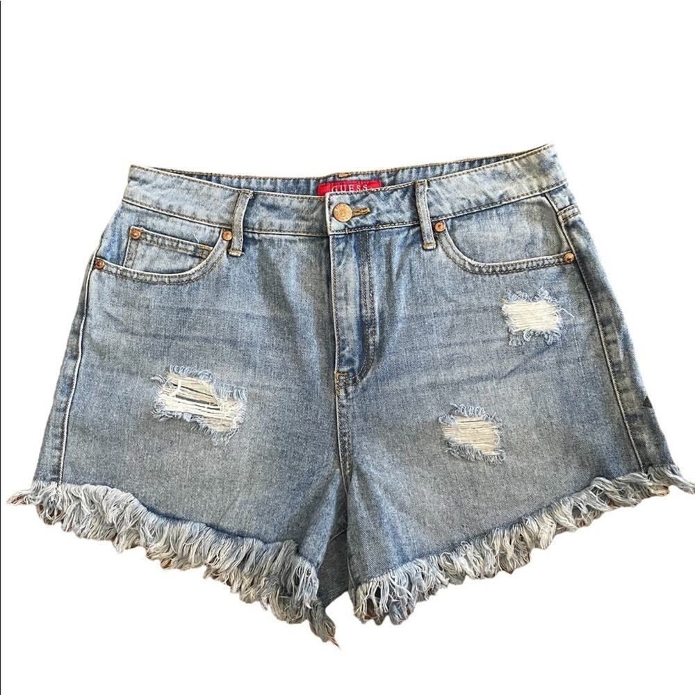 Guess Cut-Off Shorts Women 28 Summer Floral Distressed High Rise Light Wash Blue